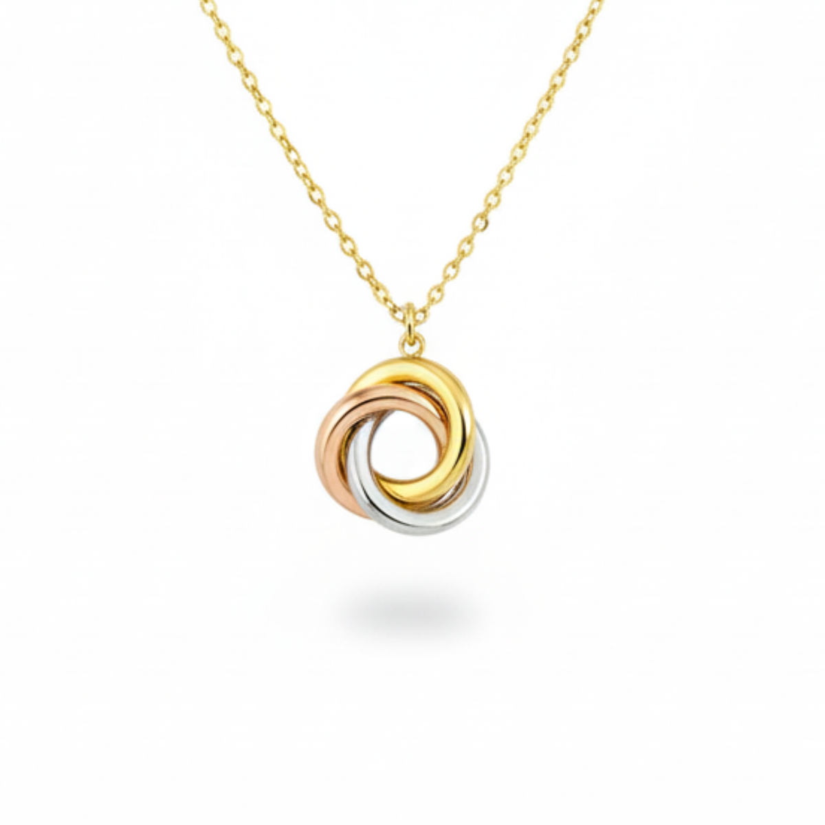 Collier Aura chaîne dorée pendentif trois anneaux entrelacés or jaune rose argent