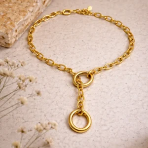 Collier Dune chaîne maille marine dorée pendentif cercle fermoir T-bar fleurs séchées