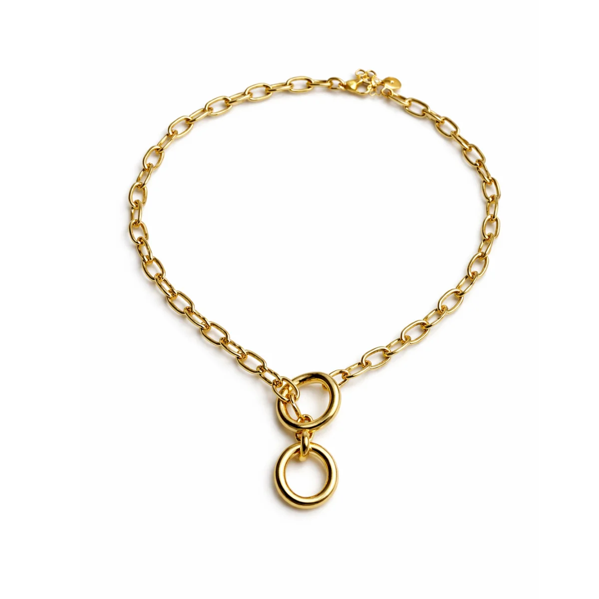 Collier Dune plat chaîne maille marine dorée fermoir T-bar cercle pendant
