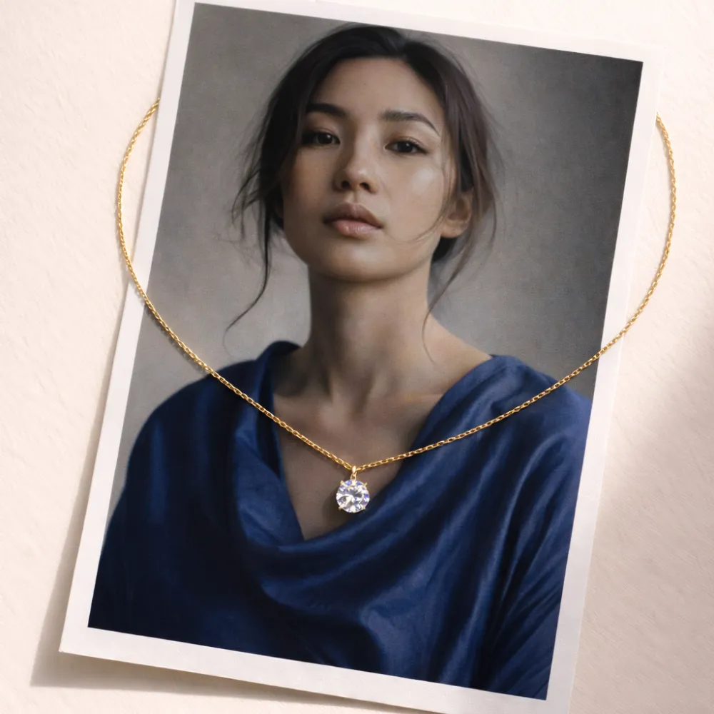 Collier Stella disposé sur photo polaroid portrait femme asiatique top bleu