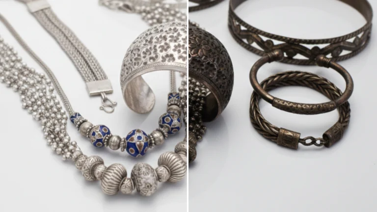 Bijoux en argent brillants et noircis illustrant l'oxydation naturelle de l'argent