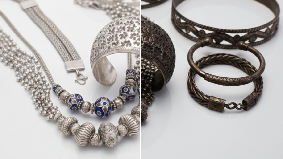 Bijoux en argent brillants et noircis illustrant l'oxydation naturelle de l'argent