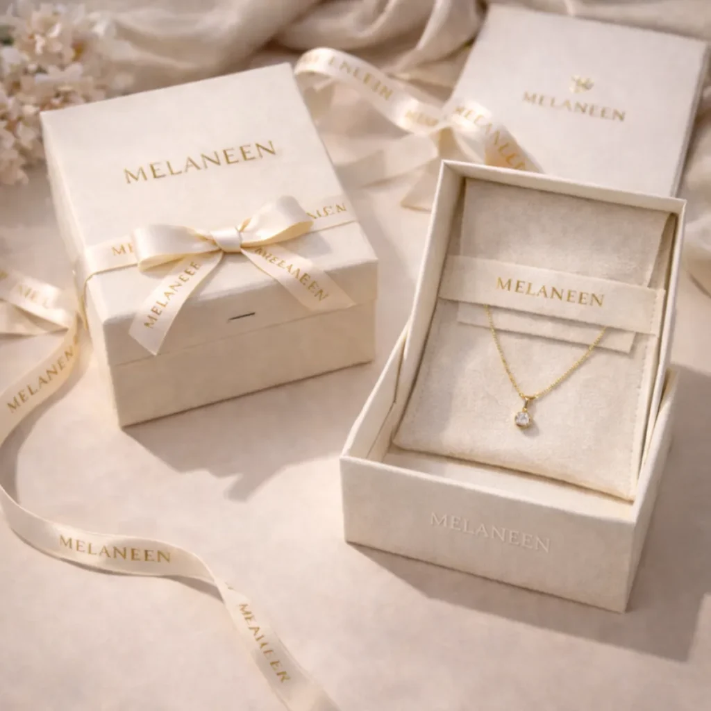 Boîte cadeau Melaneen avec ruban et collier doré