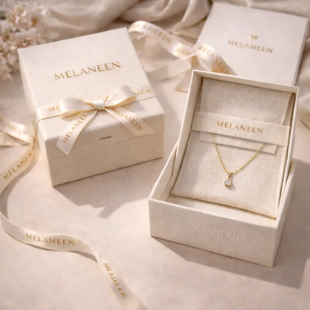 Boîte cadeau Melaneen avec ruban et collier doré