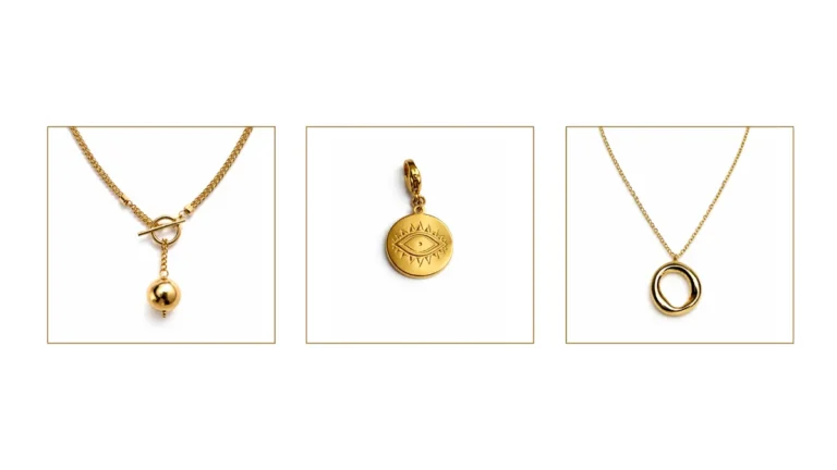 Bijoux talisman Melaneen trois colliers dorés symboliques boule œil cercle