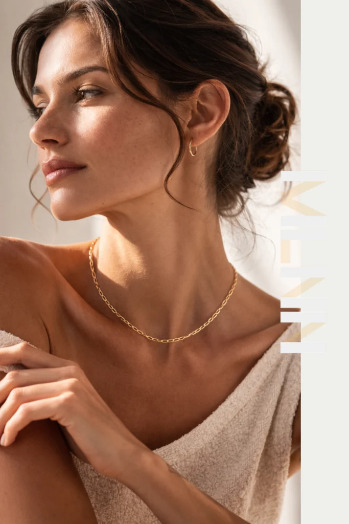 Modèle profil collier Sakura maille trombone dorée lumière naturelle chignon décontracté