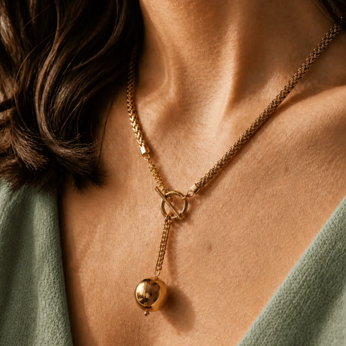 Collier Kezya porté peau dorée chaîne épi blé torsadée fermoir T-bar boule pendant